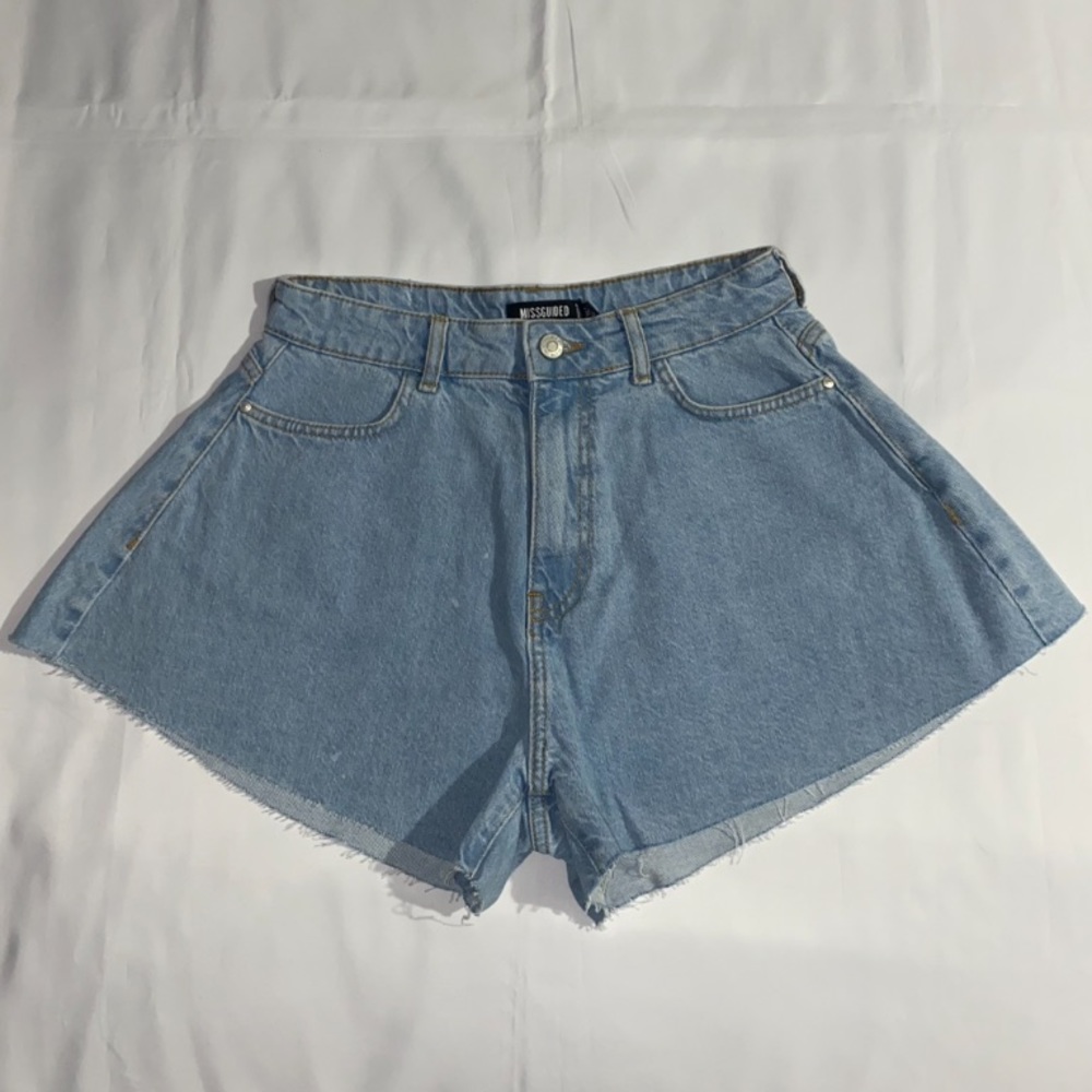 Missguided High Waisted Raw Hem Wide Leg Denim Shorts